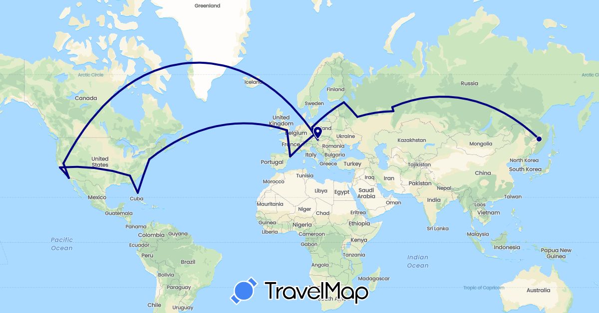 TravelMap itinerary: driving in Austria, Czech Republic, Germany, Spain, United Kingdom, Russia, United States (Europe, North America)